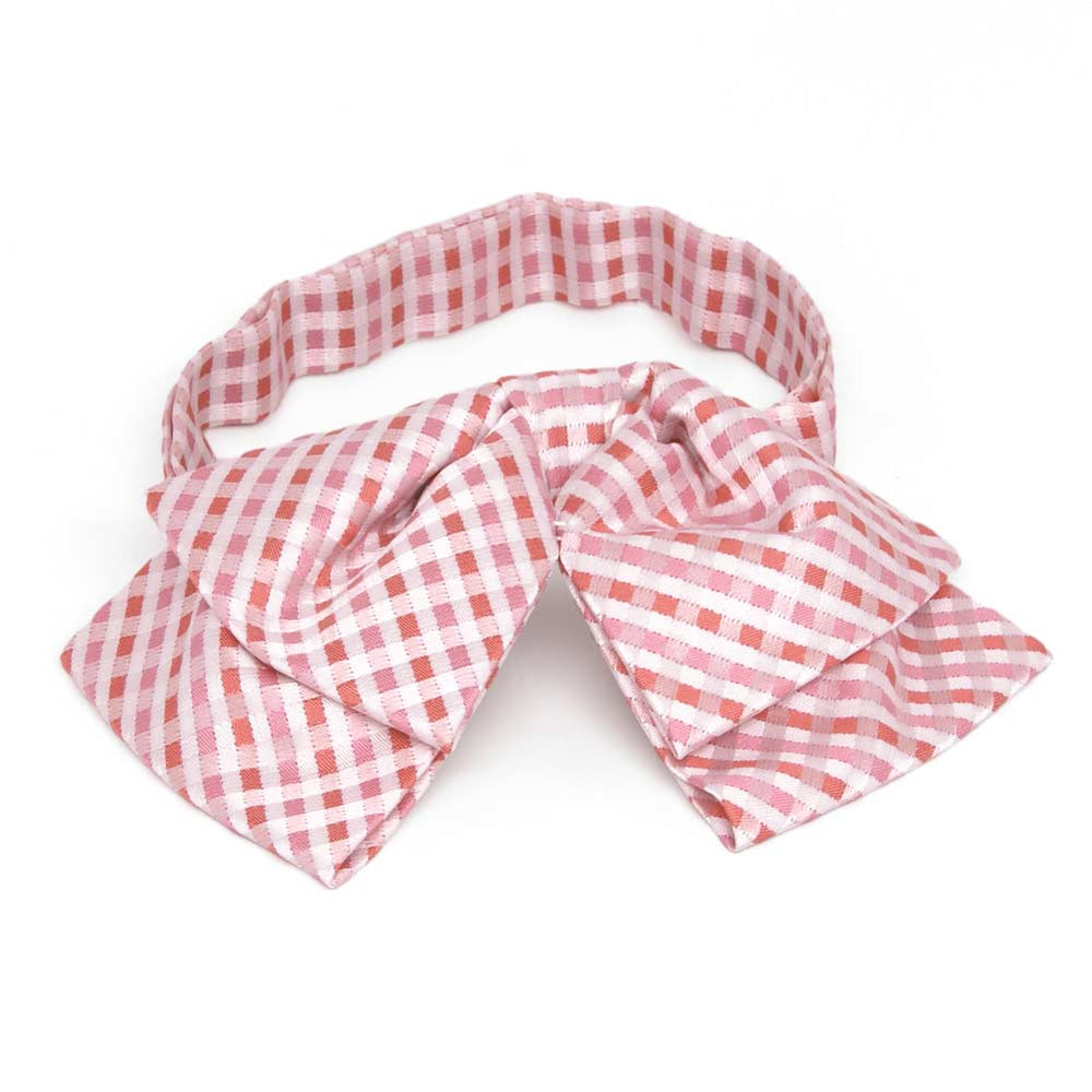 Pink and white plaid floppy bow tie, front view