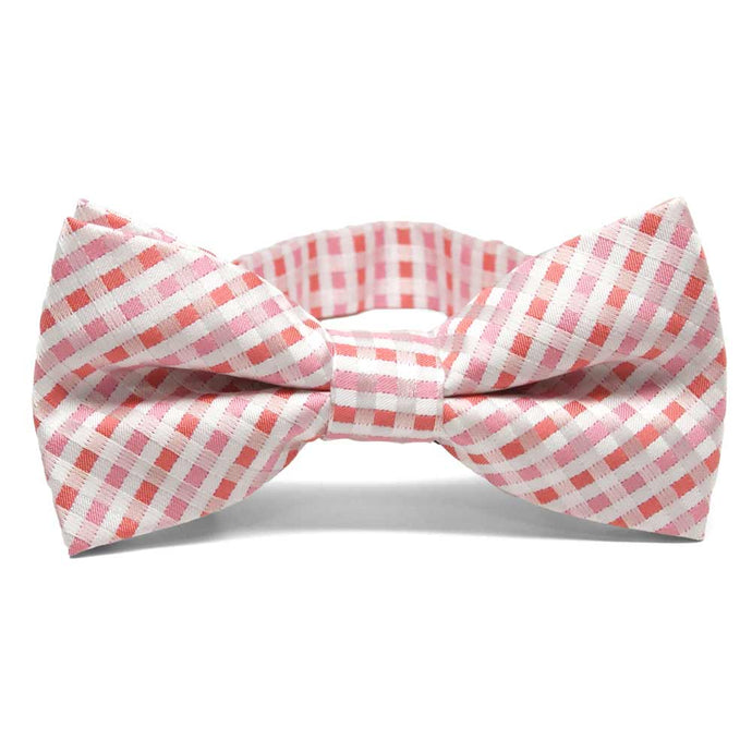 Pink and white plaid bow tie, front view