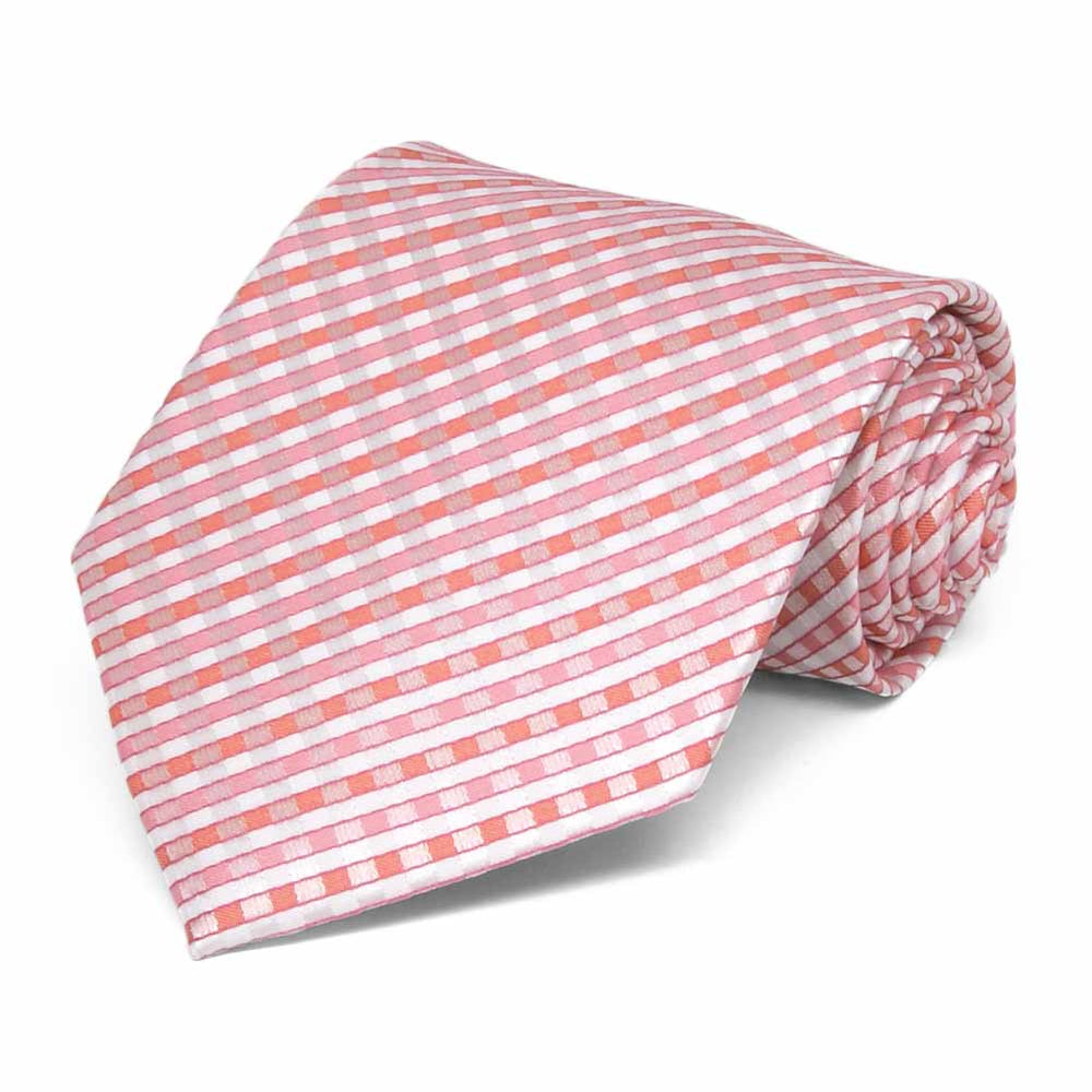 Pink and white plaid necktie, rolled to show pattern up close