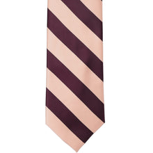 Load image into Gallery viewer, The front of a petal and wine striped tie, laid out flat