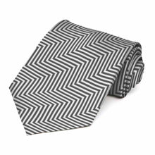 Load image into Gallery viewer, Rolled view of a gray and white chevron striped tie