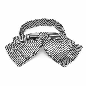 A gray and silver chevron striped floppy bow tie, flat front picture