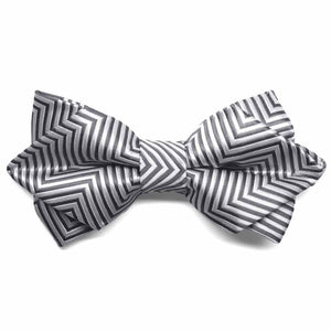 Front view of a gray and white chevron striped diamond tip bow tie