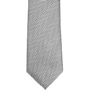 Gray and white chevron striped tie, front view