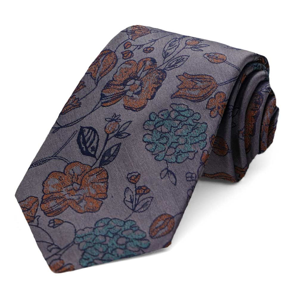 Dark gray floral tie, rolled view