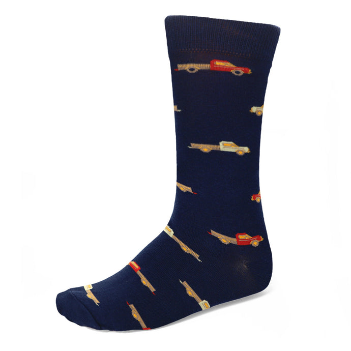 A navy blue sock with red and tan pickup trucks