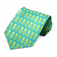 Load image into Gallery viewer, An aqua tie with florescent yellow pineapples