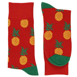 Pair of men's red socks with fun novelty pineapple design