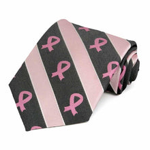 Load image into Gallery viewer, Pink and black striped tie with pink breast cancer awareness ribbons