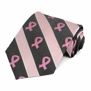 Pink and black striped tie with pink breast cancer awareness ribbons