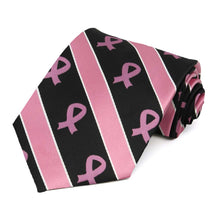 Load image into Gallery viewer, Breast Cancer Awareness Striped Extra Long Tie in Black