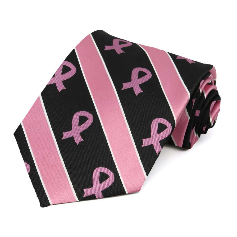 Breast Cancer Awareness Striped Extra Long Tie in Black