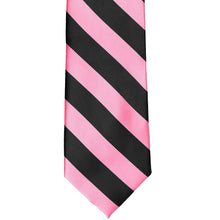 Load image into Gallery viewer, The front of a pink and black striped tie, laid out flat