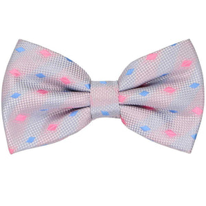 Pale pink and blue bow tie with small pink and blue diamond shapes, close up front view
