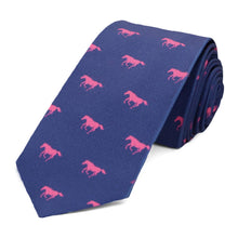 Load image into Gallery viewer, A pink and blue horse themed slim tie, rolled to show off the design