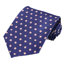 Load image into Gallery viewer, A dark blue and subtle pink polka dot tie