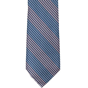 Front view of a pink and blue small striped necktie