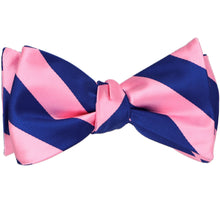 Load image into Gallery viewer, A pink and blue striped self-tie bow tie, tied