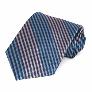 A pink and blue striped necktie rolled to show off the geometric texture
