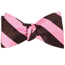 Load image into Gallery viewer, Pink and brown striped self-tie bow tie, tied