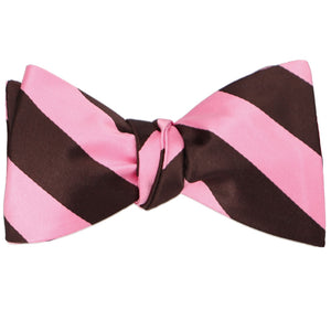 Pink and brown striped self-tie bow tie, tied