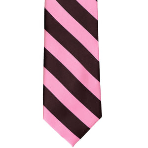 Flat front view of a pink and brown striped tie