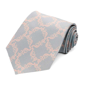A gray tie with a light pink filigree pattern