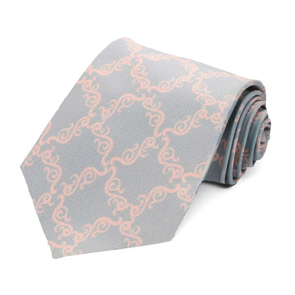 A gray tie with a light pink filigree pattern