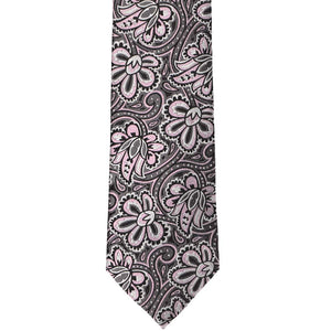 Pink and gray detailed large print floral tie, front view