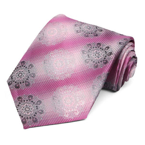 A pink and gray tie in a large medallion pattern