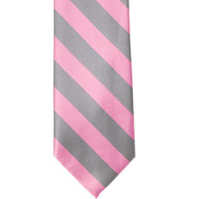 Load image into Gallery viewer, The front of a pink and gray striped tie, laid out flat