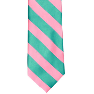 Front of a mermaid and pink striped tie, laid out flat