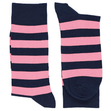 Load image into Gallery viewer, Pair of pink and navy blue striped wedding socks, horizontal stripes