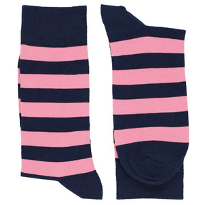 Pair of pink and navy blue striped wedding socks, horizontal stripes