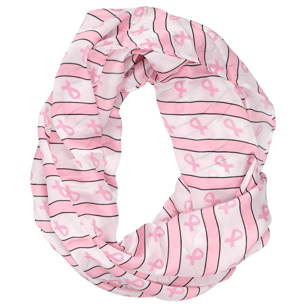 A pink and white infinity scarf with stripes and pink ribbons
