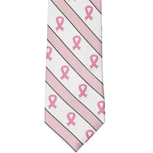 Front flat view of a pink and white breast cancer necktie