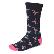 Load image into Gallery viewer, Men&#39;s pink flamingo theme socks on navy blue background