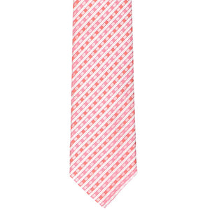 The front bottom view of a pink and coral gingham tie