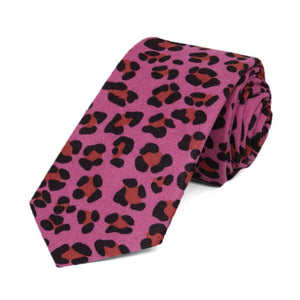 Leopard print pattern slim 2.5" necktie in dark pink.