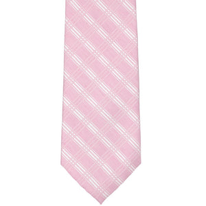 The front of a pink and white plaid extra long tie