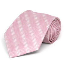 Load image into Gallery viewer, Pink and white plaid extra long tie, rolled to show the pattern and texture