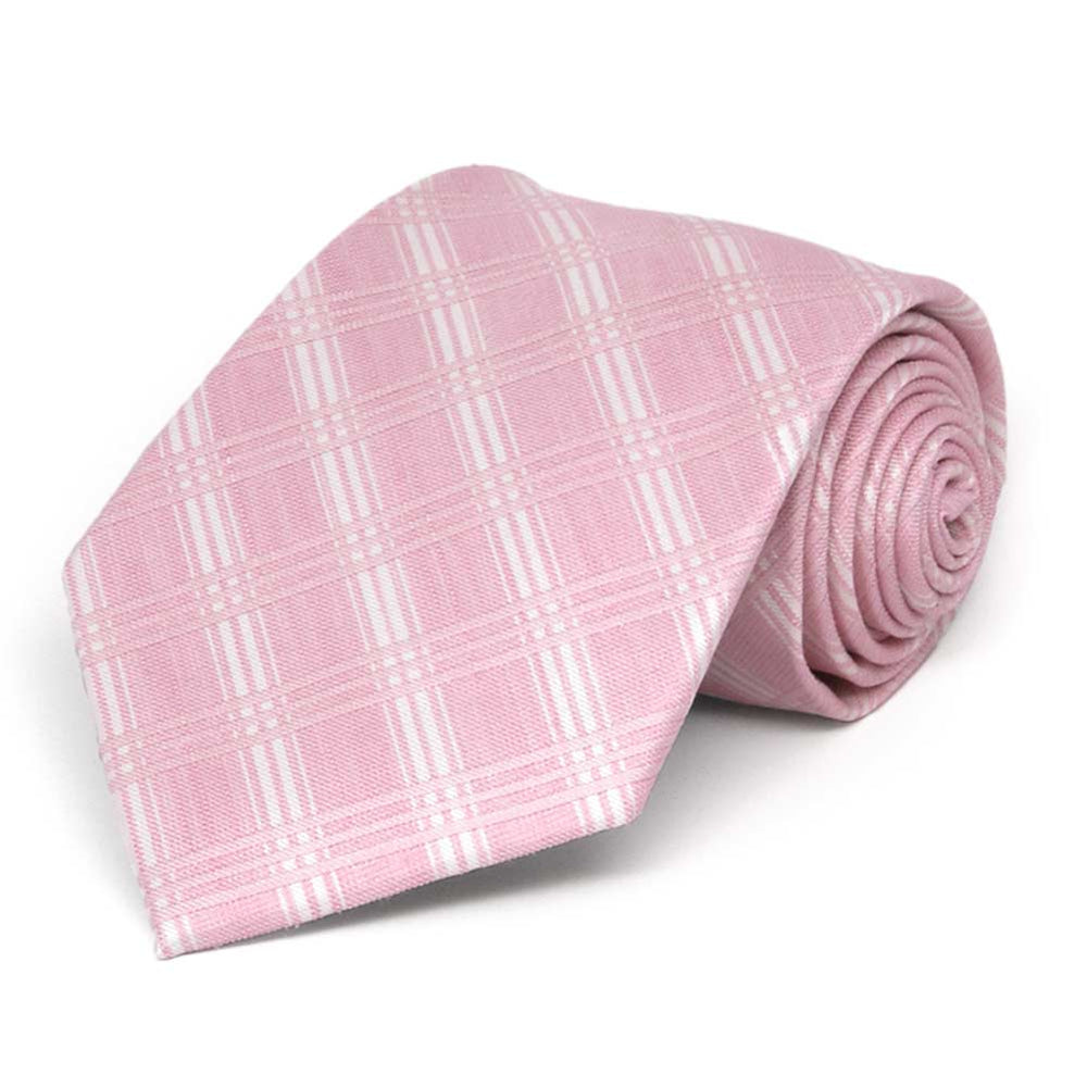 Pink and white plaid extra long tie, rolled to show the pattern and texture