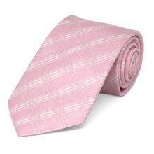 Load image into Gallery viewer, A pink and white plaid necktie, rolled to show texture