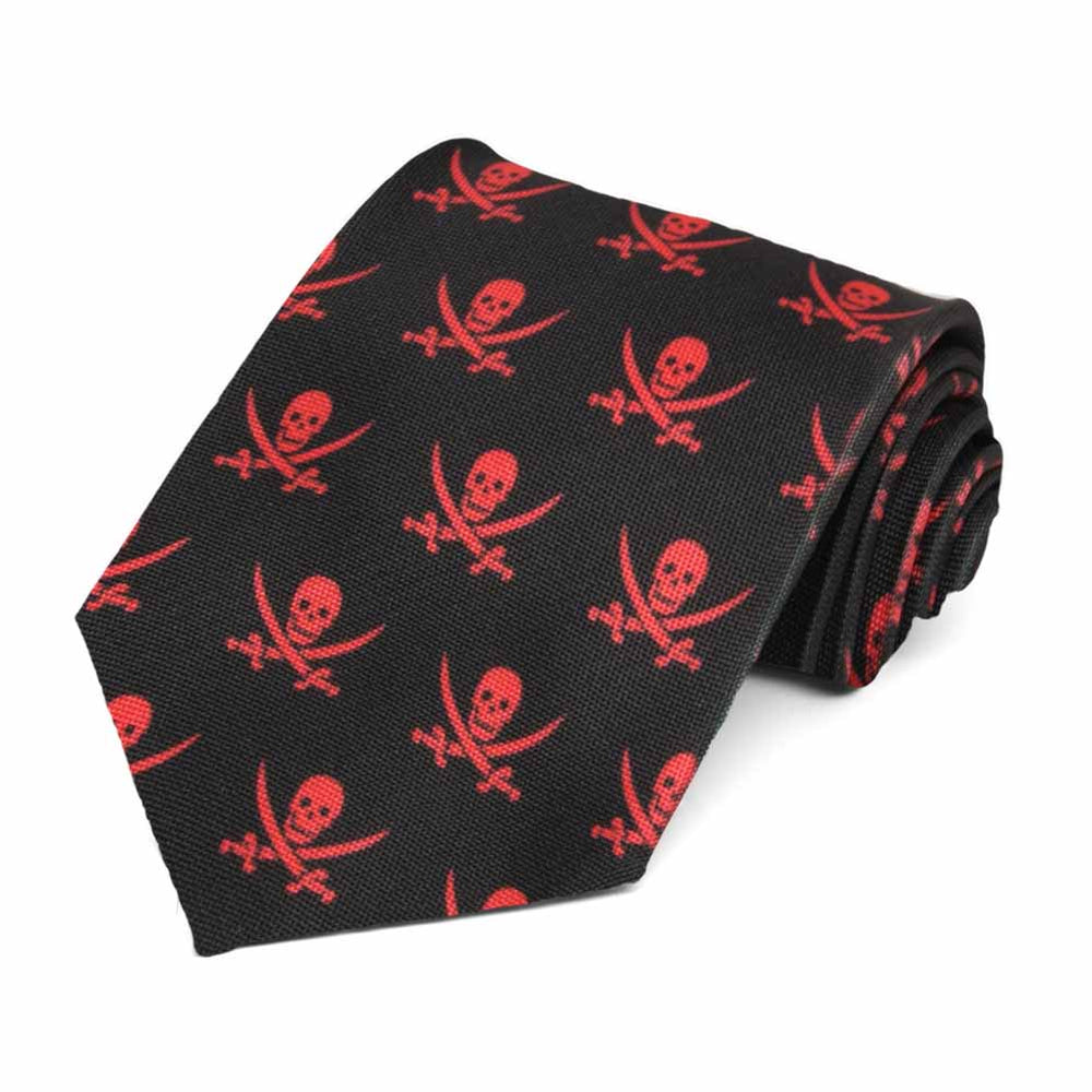 Red skull and swords theme on a black tie.