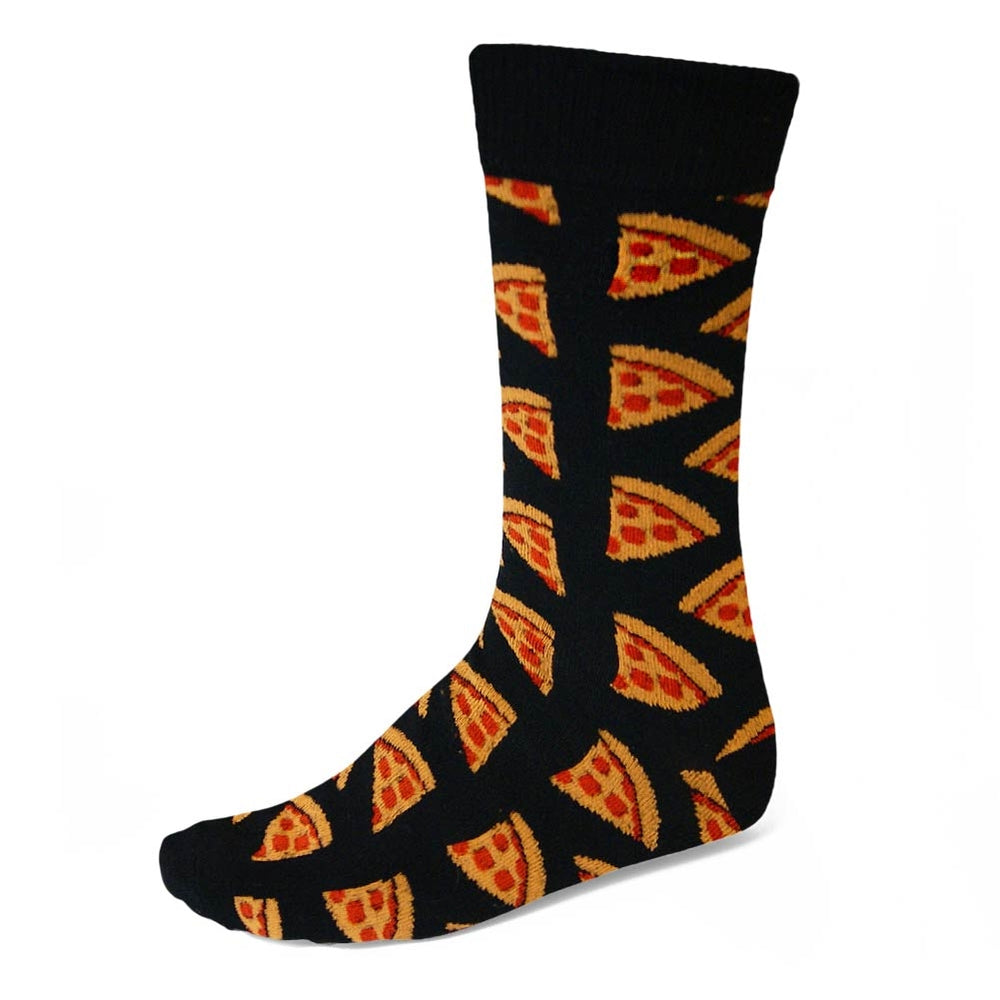 Men's pizza slices dress socks on black background