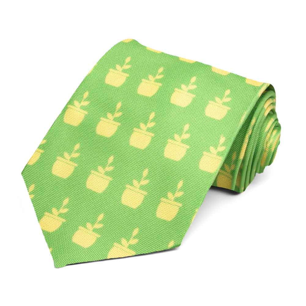 A men's bright green necktie with a potted plant novelty design