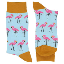 Load image into Gallery viewer, Fun pair of men&#39;s plastic flamingo socks in pink, light blue and gold