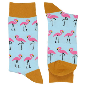 Fun pair of men's plastic flamingo socks in pink, light blue and gold
