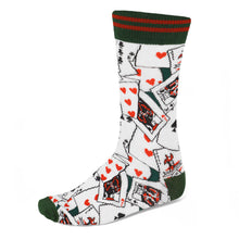 Load image into Gallery viewer, Men&#39;s playing card theme socks on a green background