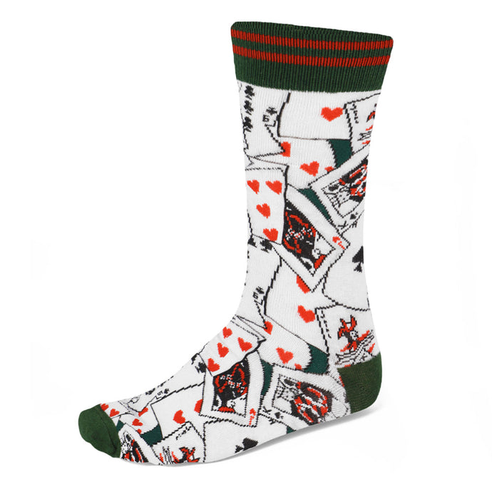 Men's playing card theme socks on a green background